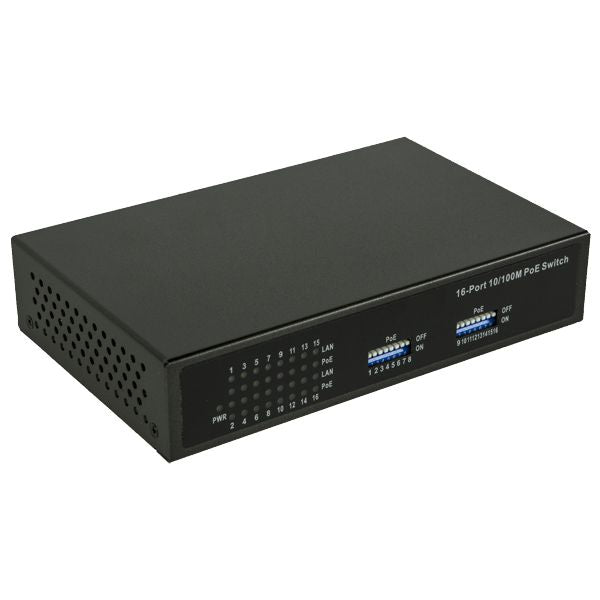 16 Port 10/100 Network Switch, w/16 POE+ up to 820ft, 115W