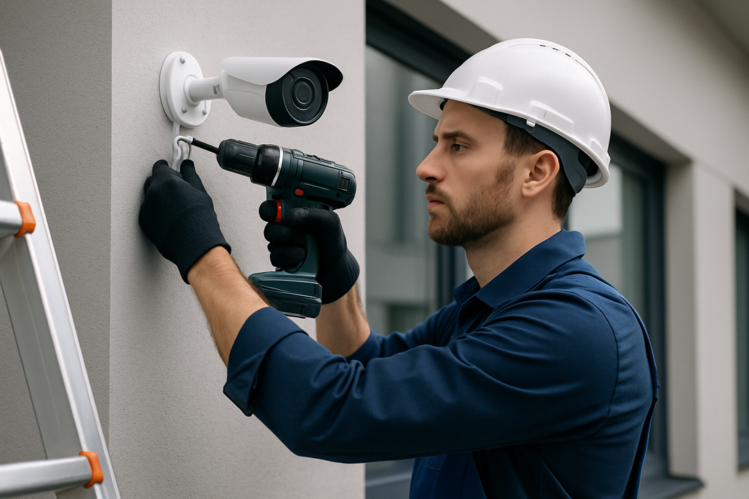 Technician installing surveillance camera