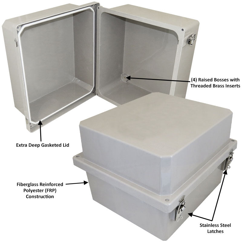 Altelix 14x12x10 Fiberglass Weatherproof NEMA 4X Enclosure with Quick Release Latches