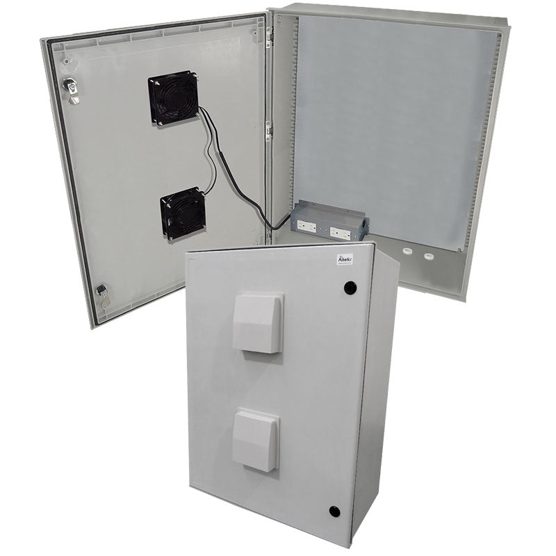 Altelix 32x24x12 Vented Fiberglass Weatherproof NEMA Enclosure with 120 VAC Outlets & Dual 85Â°F Turn-On Cooling Fans