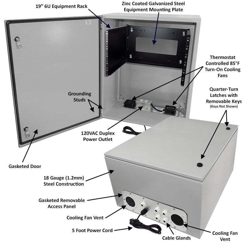 Altelix 28x24x16 19" Wide 6U Rack Steel Weatherproof NEMA Enclosure  with Single 120 VAC Duplex Outlet, Power Cord & 85Â°F Turn-On Cooling Fans
